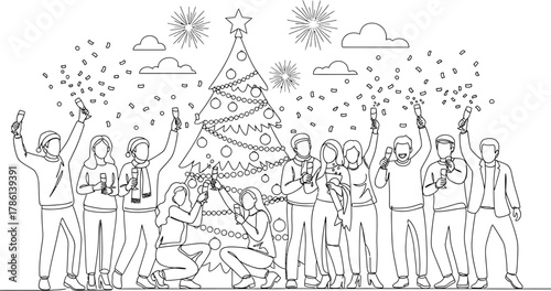 Line art of people celebrating christmas with champagne