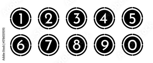 Number points from 0 to 9. Number points. Number markers, steps. Set of black number vectors.