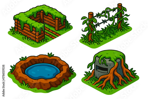 Overgrown Battlefields. Isometric vector illustration set Overgrown War Zones: Trenches with moss, barbed wire hidden in vines,