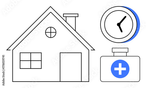 House outline with clock and medicine container emphasizing timely healthcare access and wellness. Ideal for health services, home care, time management, wellness, preventive care, planning, simple