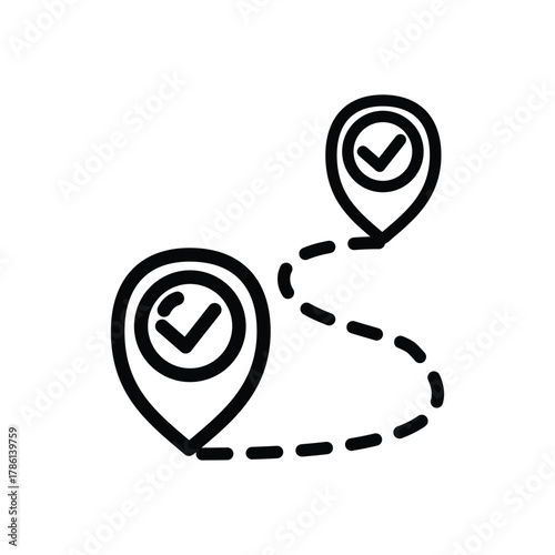 Two location markers each with a checkmark inside a circle A dotted line connects the markers
