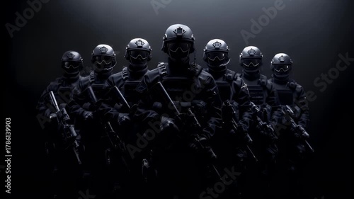 A highresolution digital artwork of a group of soldiers in tactical gear. The soldiers are depicted in a monochromatic color scheme, primarily in shades of black and gray.