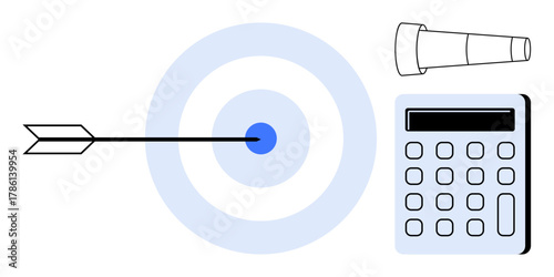 Arrow hitting target center, telescope for vision, and calculator for analysis. Ideal for strategy, goals, accuracy, planning, focus decision-making and productivity concepts. Simple flat metaphor