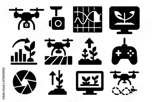 Drone Crop Monitoring Icons. Solid style icons of drone crop monitoring: quadcopter drone, aerial camera, crop health map, NDVI