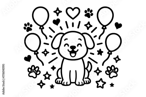 Playful Puppy Radiance. Happy puppy in the center with balloons, hearts, paw prints, and stars radiating outward in playful