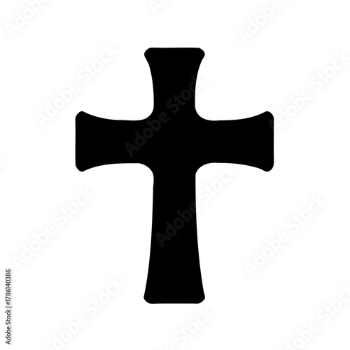 Simple black Christian cross with slightly rounded edges on white background