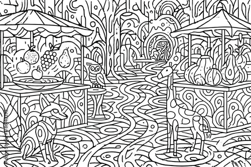 Futuristic Bazaar Wonderland. Enchanted futuristic bazaar with surreal stalls, robotic animals, holographic fruits, and abstract