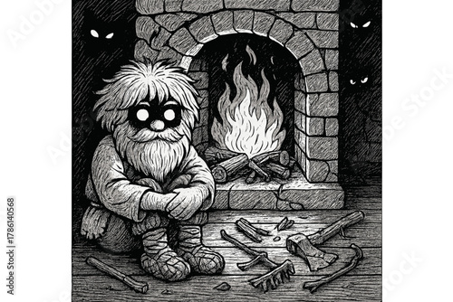 Domovoi by Fireplace. Domovoi spirit sitting by a fireplace with shadows, broken tools, and glowing eyes watching from corners,