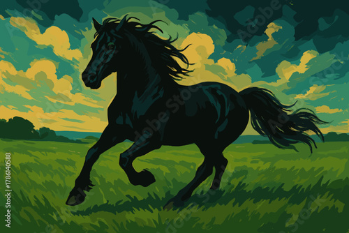 Majestic Meadow Gallop. Majestic black horse galloping across a lush green meadow under a dramatic sky, bold and powerful tones,