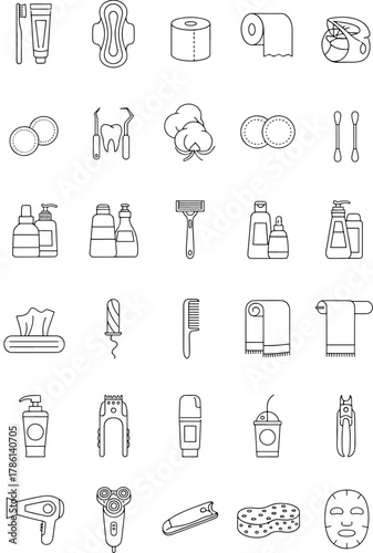 Collection of Bathroom Hygiene and Personal Care Icons Toothbrush Soap Shampoo Razor Towel Hair Dryer and Other Amenities