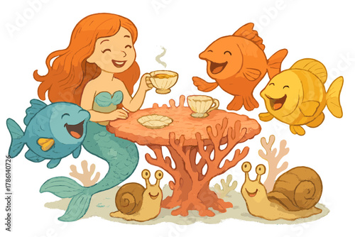 Mermaid Tea Party. Mermaid tea party with seashell cups, giggling fish guests, coral table, and smiling sea snails No text, No