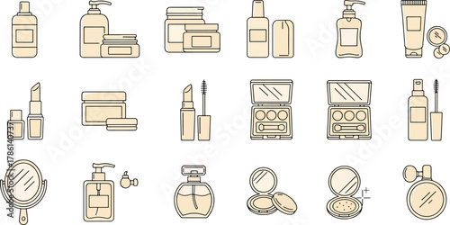 Collection of beauty and cosmetic product icons and illustrations including lipstick, mascara, perfume bottles, compact powder, and makeup palettes.