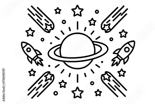 Saturn Space Adventure. Planet Saturn in the middle with rings, stars, meteors, and rockets radiating outward in symmetrical