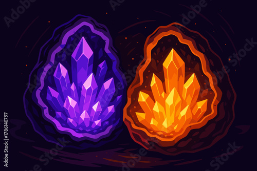 Ethereal Gemstone Radiance. Glowing crystal geodes in vibrant purple and orange tones under dramatic lighting, bold and vector