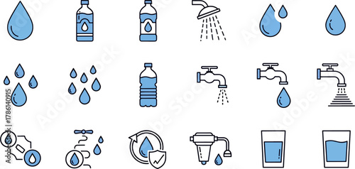 Collection of blue water icons, including drops, bottles, faucets, shower, filter, and glasses, representing clean water and hydration concepts.