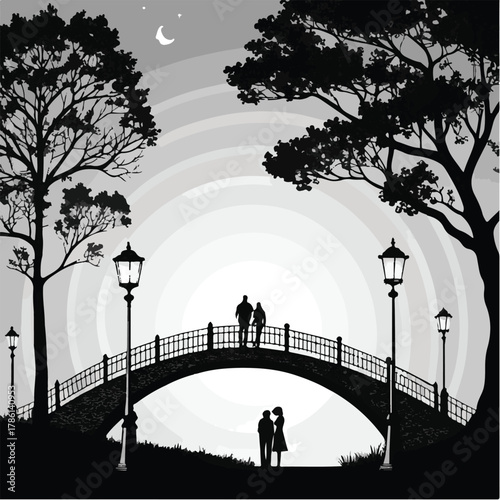 Couple on a bridge with trees and streetlights under a stylized moon and sun in grayscale Keywords: couple, bridge, park, moon, sun, trees, silhouette, lamps, streetlights, grayscale, monochrome