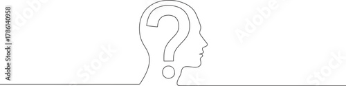 Continuous one line drawing of a human head with a question mark inside. Concept of doubt, confusion and inquiry