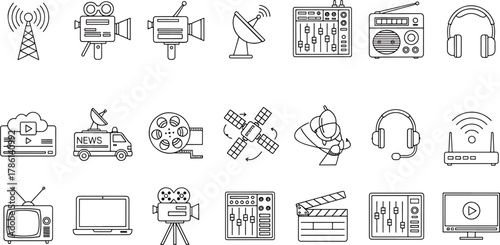 Collection of Broadcast Media and Communication Technology Icons Symbols Featuring Television Radio Cameras Satellite and Network Equipment