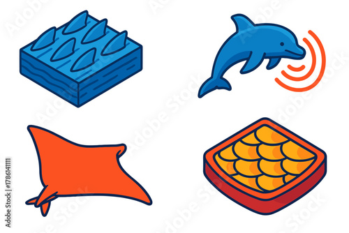 Aquatic Biomimicry Icons. Isometric vector illustration set Aquatic Biomimicry Concepts: Shark skin swimsuit texture, dolphin