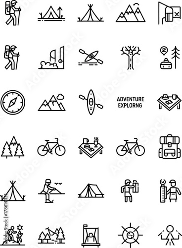 Collection of Camping and Outdoor Adventure Icons Featuring Hikers Tents Mountains Kayaks Bikes and Survival Gear for Travel Exploration