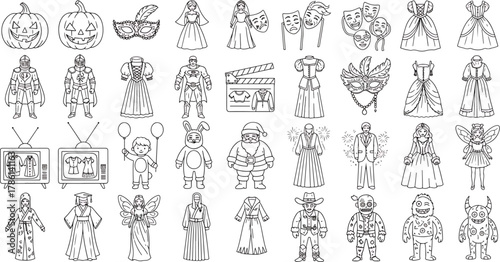 Collection of cartoon costume icons and symbols including Halloween pumpkins, knights, princesses, Santa, fairy, cowboy, and monsters for celebration designs