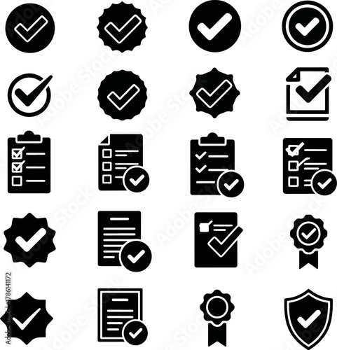 Collection of checkmark icons in various stylized designs including circles, starbursts, checklists, and badges for verification and approval concepts