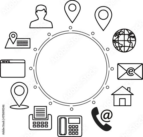 Collection of contact and communication icons arranged around a central circle for business and networking ideas