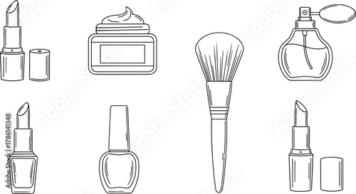 Collection of cosmetic beauty products line art icons set including lipstick, cream jar, perfume bottle, makeup brush, and nail polish