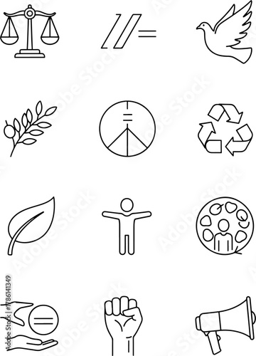 Collection of conceptual line icons representing social justice, peace, human rights, environmentalism, and equality symbols