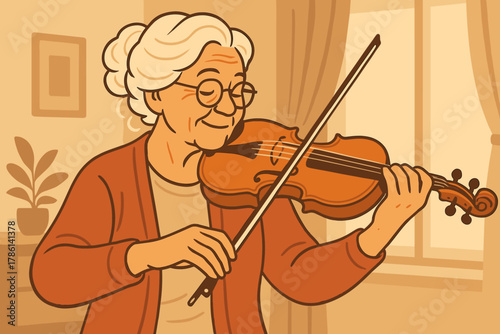 Nostalgic Violin Performance. Elderly woman playing a violin in a softly lit room, warm and nostalgic tones, ideal for vector