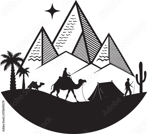 Desert Caravan Scene with Pyramids Camel Rider Tent and Palm Trees Keywords: desert, caravan, camel, rider, tent, pyramids, palm trees, cactus, landscape, silhouette, travel, adventure, journey