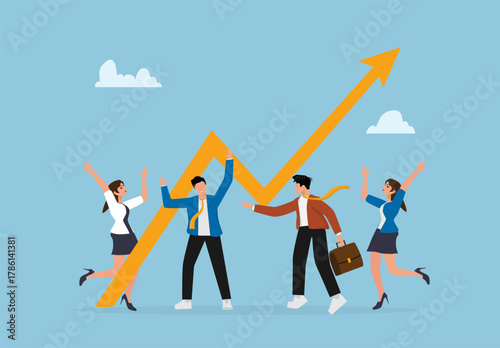 Happy Business Team Celebrating Success with Growth Arrow Chart Illustration