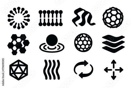 Self-Assembling Molecule Icons. Solid style icons of self-assembling molecules: micelle structure, lipid bilayer, protein fold,