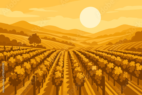 Golden Vineyard Vista. Scenic vineyard landscape with vector illustration rows of grapevines stretching into the distance under