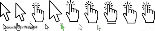 Collection of Cursor Icons including Arrow Pointer and Hand Pointer with Click Animation and different styles for web and digital interfaces