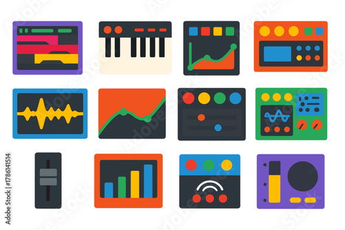 Electronic Music Icons. Flat vector icons of Electronic Music Production: DAW screen, midi keyboard, drum pad, sampler, waveform