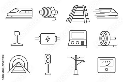 High-Speed Rail Icons. Line style icons of High-Speed Rail: Maglev Vehicle, Electromagnetic Coil, Track, Fast Travel; Rail, Power