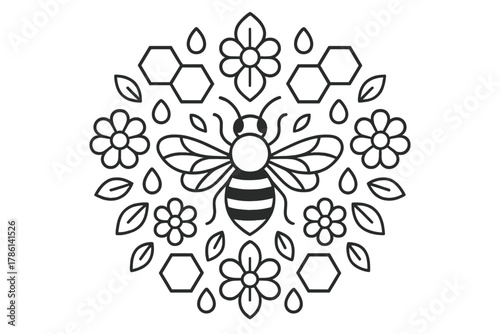 Bee Mandala Coloring Page. Bee in the middle with honeycombs, flowers, droplets, and leaves radiating outward in symmetrical