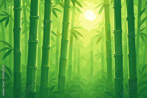 Sunlit Bamboo Serenity. Scenic shot of tall bamboo stalks glowing under soft vector illustration natural sunlight, vibrant green