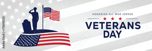 Veterans Day banner with a soldier silhouette saluting, flanked by American flags, set against a background of stars and stripes. Honors veterans and service members who served the USA.