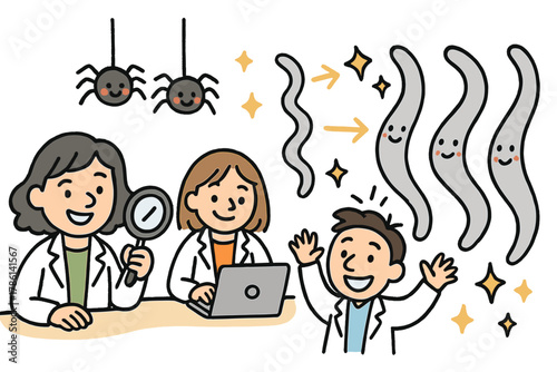Joyful Biomimicry Discovery. Cheerful doodle biomimetic applications scene with happy researchers, cartoon synthetic silk fibers
