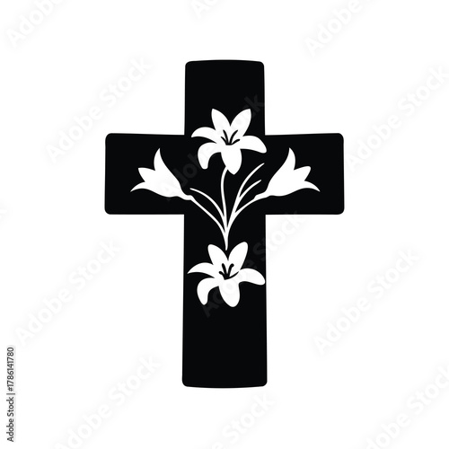 Black cross with four white lilies, Christian and Easter symbolic meaning