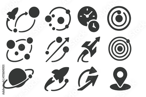 Interplanetary Trajectory Icons. Solid style icons of interplanetary trajectories: spacecraft path to Mars, transfer arc, solar