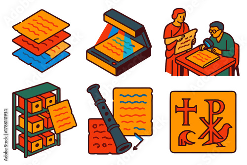 Palimpsest Analysis Illustration. Isometric vector illustration set Palimpsest studies: manuscript layers, text recovery process,