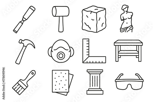 Sculpture Tools Icons. Line style icons of Creative Sculpture: Chisel, Mallet, Rough Block, Finished Figure; Hammer, Dust Mask,