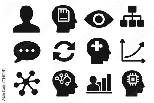 Cognitive Science Icons. Solid style icons of cognitive science: experimental subject, memory card brain, perception eye, decision