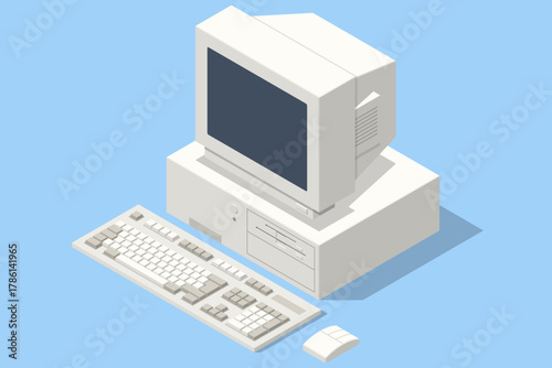 Fototapete An isometric illustration of an old desktop computer set: monitor, keyboard, and
