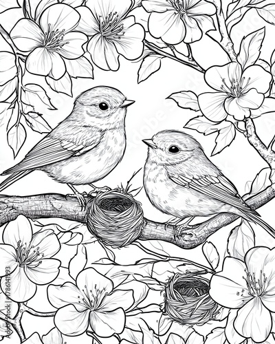 Two birds perched on a flowering branch.