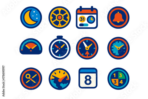 Horology Icon Set. Flat vector icons of horological complications: moonphase display, tourbillon, perpetual calendar, minute