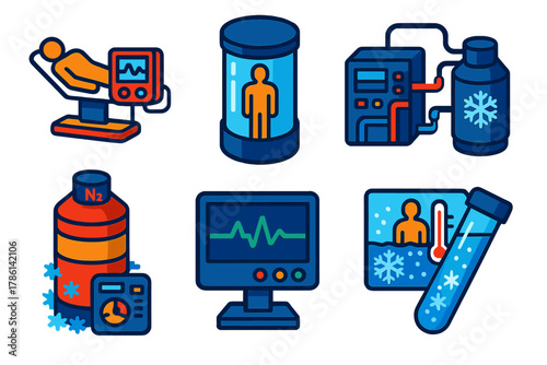Cryonics Equipment Icons. Isometric vector illustration set Cryonics protocol: patient stabilization equipment, vitrification